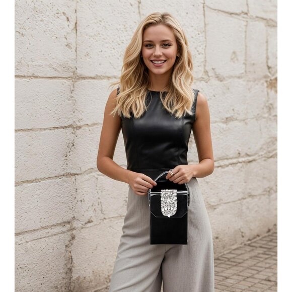 ⚡Women's Evening Rhinestone Box Detachable Chain Strap Black Crystal Clutch Bag - Picture 2 of 6